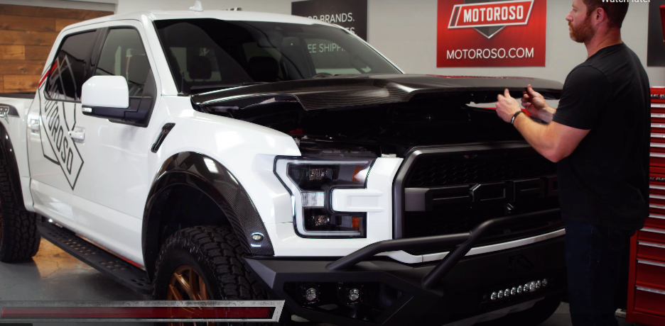 Hood Strut Lift Supports for 2nd Gen 2017+ Ford Raptor with Carbon Fiber Hood